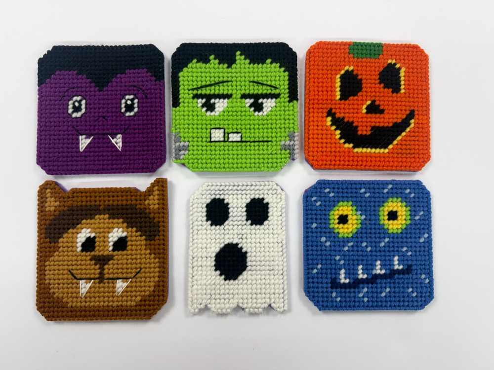 Handmade Plastic Canvas Needlepoint Halloween Coasters Set 6 Finished